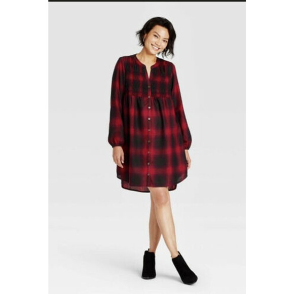 Knox Rose Shirt Dress Womens Red Black Plaid Button Up Size 2XL Long Sleeves‎ - Picture 1 of 8